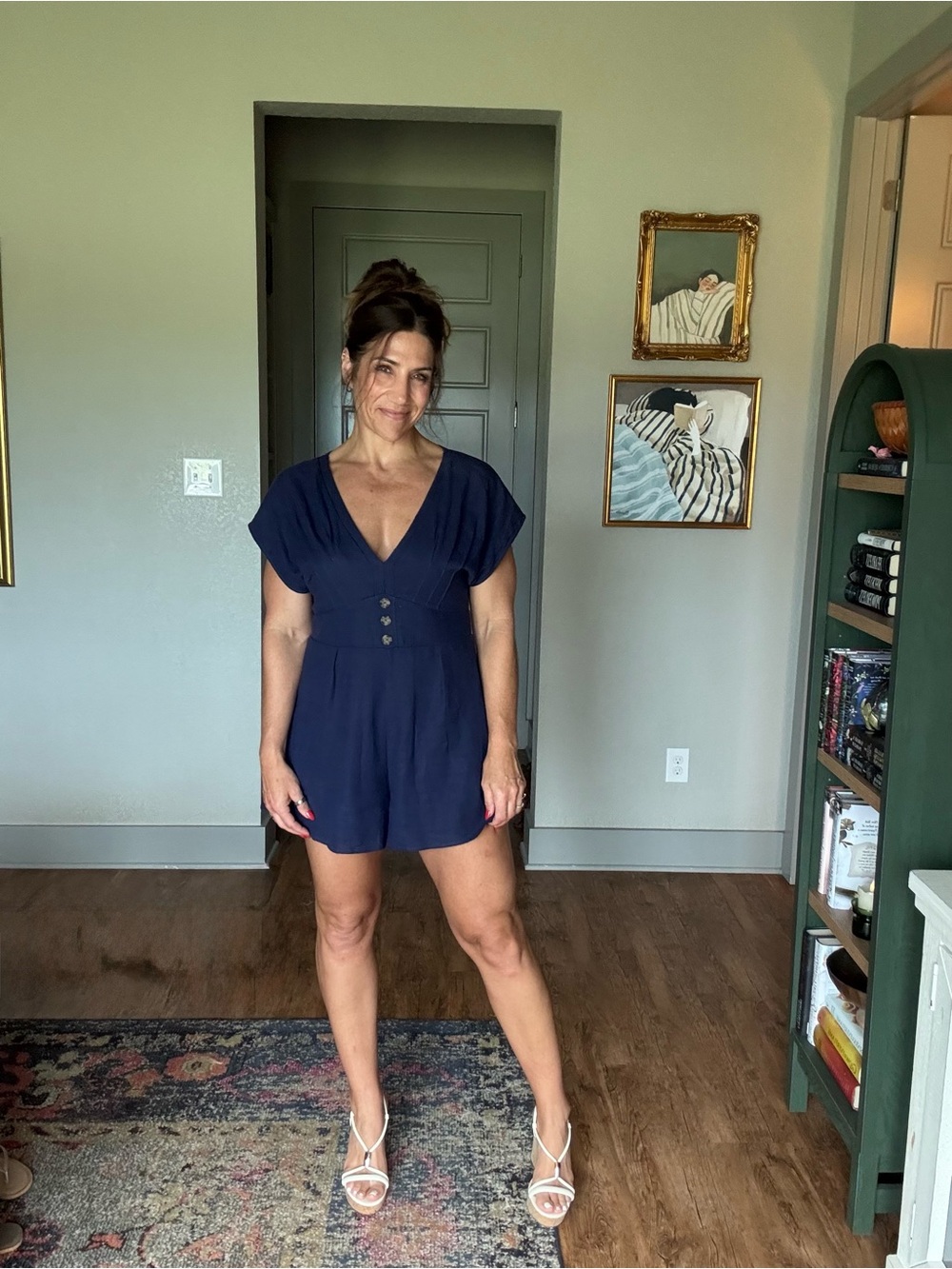 Alter’d State Navy Linen Blend Romper Size M V-Neck Short Sleeve